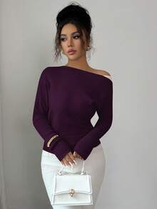 Elenzga Women's Colorblock Asymmetric-Shoulder Pullover Sweater, Elegant Vintage Style Suitable For Vacation And Holidays, Spring/Autumn - Red Violet - View 5