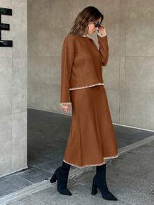 EURMUSE Women Solid Color Rib Knit Handmade Stitch Detailed Sweater & Sweater Skirt Set - Brown - View 5