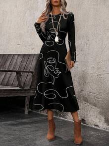 EMERY ROSE 女士艺术线条肖像印花长裙，适合秋冬，适合外出约会通勤上班，别致 - 彩色 - 查看 4