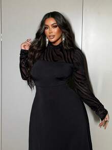 NU&NOW Váy dài tay cổ đứng, chất liệu vải thun dệt kim, chắp vá, tay dài, dáng rộng cho nữ, váy dự tiệc thanh lịch cho mùa thu/đông - màu đen - Xem 4