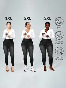 SHEIN CURVE+ 冬季加大码女式牛仔弹力性感休闲紧身牛仔裤，女士牛仔竞技风格 - 黑色 - 查看 8