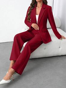 EMERY ROSE Conjunto de traje elegante de chaqueta blazer de manga larga de unicolor + pantalones para mujer - Burdeos - Ver 6