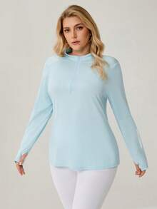 Auralis Athleisure Plus Size Women's Solid Color Front Zipper Simple Long Sleeve Casual Zip Up Sweatshirt, Yoga, Jogging Shirt, Women's Sportswear For Fall/Winter - Dusty Blue - View 4