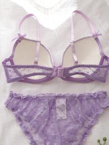 DelicateAllure Conjunto de bralette con parches de encaje de malla en forma de corazón de lavanda y decoración de lazo - Púrpura malva - Ver 4