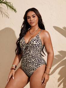 SHEIN Swim Vcay Đồ bơi một mảnh họa tiết da báo gợi cảm cổ chữ V thiết kế khoét lỗ có thể điều chỉnh cỡ lớn dành cho nữ, đi nghỉ thường ngày - Nhiều màu - Xem 7