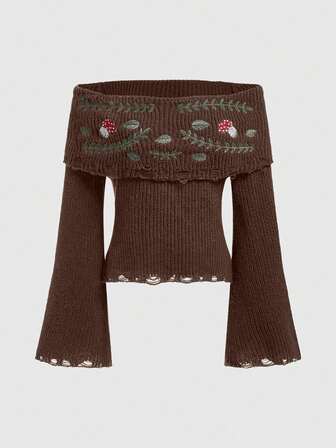 Fairycore Maglione da donna con maniche a sbuffo, ricamo di funghi e spalle scoperte, adatto per autunno/inverno