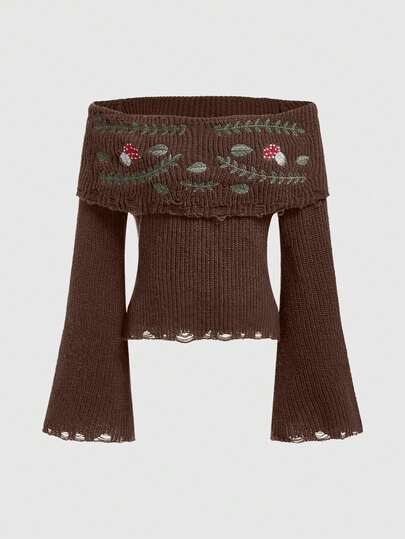 ROMWE Fairycore 女式喇叭袖蘑菇刺绣露肩毛衣，秋冬