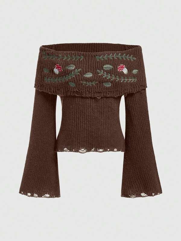 ROMWE Fairycore Women's Flare Sleeve Mushroom Embroidery Off-Shoulder Sweater, Autumn/Winter