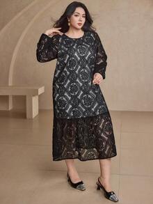 Dazy Plus Vestido Solto de Manga Lanterna com Renda Estilo A-Line para Mulheres Plus Size, Adequado para Festa, Encontro, Baile de Formatura, Vestidos Elegantes para Mulheres - Preto - Visão 4