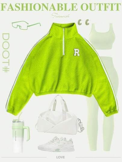 Core Rhythm 新款女士加厚荧光绿休闲运动卫衣，适合徒步、骑行、户外跑步、健身锻炼