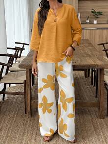 EMERY ROSE 女式复古优雅图案七分袖上衣和裤子套装 - 彩色 - 查看 3