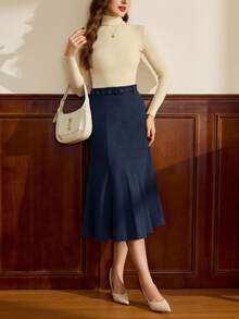 Vintamour 复古经典优雅女裙秋冬合身腰带鱼尾下摆铅笔裙咖啡色长裙 - 藏蓝色 - 查看 5