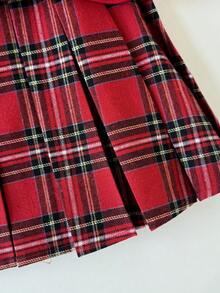 SHEIN 女童服装纯红色圆领刺绣运动衫搭配格子百褶裙女童两件套，红色格子裙套装，圣诞裙套装 - 紅色 - 查看 15