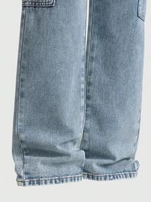 SHEIN Casuvi Kids 适合10岁男孩的儿童礼物推荐：复古街头风多口袋侧边D形环扣黑色牛仔工装直筒裤 - 藍色 - 查看 4