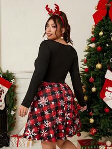 SHEIN EZwear 2025 圣诞新款百搭针织连衣裙，红色格子和雪花印花，松紧腰，短款，适合休闲、派对、节日、家居服，加大码 - 彩色 - 查看 2