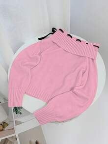 DAZY Áo len dài tay hở vai đính nơ trang trí ngày lễ tình nhân mùa xuân cho nữ dễ thương - Màu Hồng baby - Xem 5