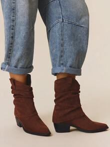 Styleloop 女士棕色尖头西部靴，高跟踝靴，绒面革宽松靴，经典复古风格，通勤必备，冬季防滑 - 駝色 - 查看 5