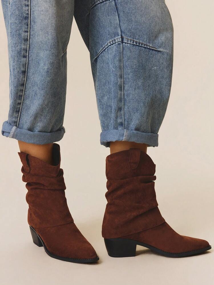 Styleloop 女士棕色尖头西部靴，高跟踝靴，绒面革宽松靴，经典复古风格，通勤必备，冬季防滑 - 駝色 - 查看 5