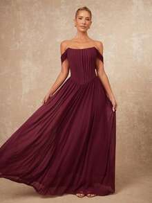 Lumalex Winter Fall Off Shoulder Sheer Flowy Tie-Waist Dress With Metallic Pleated  Luxury Prom Gathering Party Banquet Modest Old Money Coquette Glitter Holiday Party Rave Festival Outing Vacation Hot Outdoor Richly Layered Wedding Season Banquet ID Al-Adha Al-Adha Party New Year Looks Of Party Gala Night Party Dress For Autumn - Rose Red - View 6