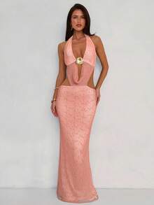 Aloruh 女士度假风深V领海星纯色纹理露背高开衩连衣裙，粉色 - 粉色 - 查看 5