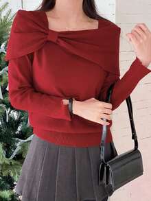 DAZY Áo len trễ vai màu đỏ dành cho nữ, thiết kế tinh tế, thanh lịch, giảm tuổi tác, làm thon gọn, áo thu/đông - Màu Đỏ Sâu - Xem 9