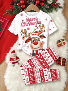 SHEIN Leap Crew 圣诞系列，复古红色圈圈绒鲁道夫，雪花费尔岛图案印花，少女休闲简约保暖柔软长袖睡衣套装，适合秋冬居家穿着，圣诞睡衣派对，女孩睡衣套装，红色圣诞睡衣，舒适合身单人睡衣，短袖舒适合身两件套睡衣，圣诞睡衣 - 彩色 - 查看 3