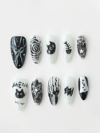 Anime 10pcs Cute Bowknot Music Note Star Element High Quality Handmade False Nails + 3pcs Double-Sided Adhesive, Y2K French Style Rhinestone Chain Polka Dot Removable Nail Art Stickers, Suitable For Holidays, Parties, Dancing And Daily Wear