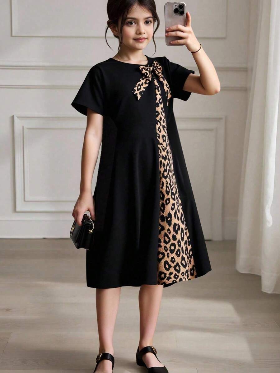 SHEIN Tween Girls Casual Minimalist Round Neck Short Sleeve Bow & Leopard Print Patchwork Long Comfortable Dress - Black - View 1