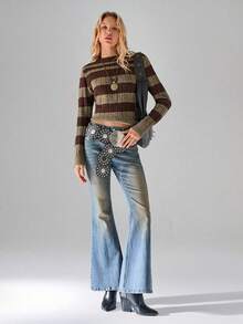 SHEIN TRNDY 1 件女式套头毛衣，棕色，复古简约通勤风格，圆领，拼色条纹长袖，针织，休闲，秋冬 - 棕色 - 查看 3