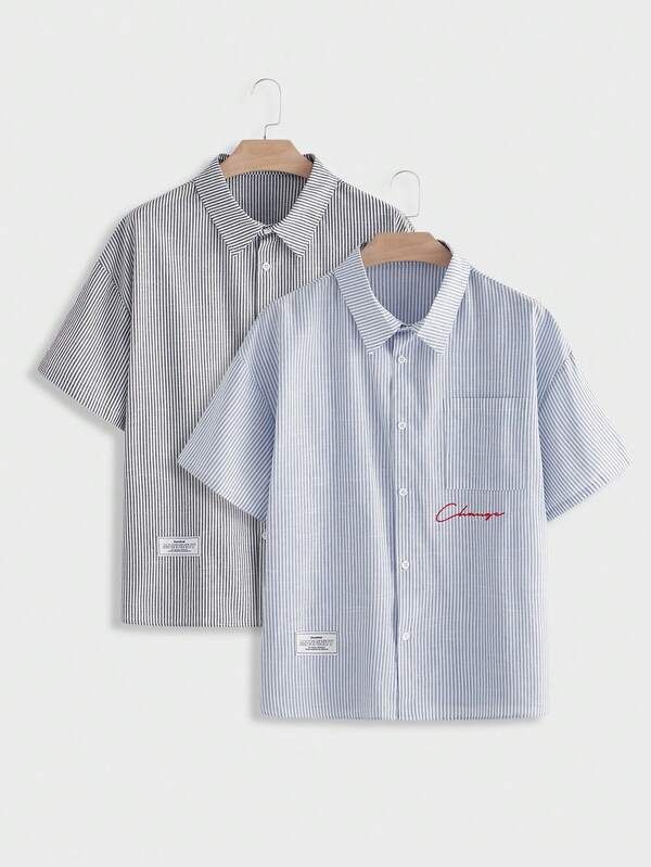 EASEVO Plus Size Men's Letter & Striped Short Sleeve Single-Breasted Casual Shirt