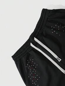 ROMWE MEN Street Life 男士休闲时尚街头水钻抽绳腰部宽松阔腿运动裤 - 黑色 - 查看 4