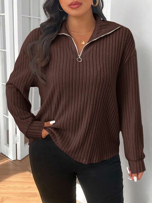 SHEIN Frenchy 休闲拉链领蓬松杏色加大码T恤