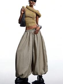 LYSMO 2025新款极简主义秋冬女装棕色格子弹力腰宽松时尚灯笼裤哈伦裤阔腿裤超大码裤格纹裤冬季女装时尚系列新年感恩节圣诞节 - 卡其色 - 查看 6