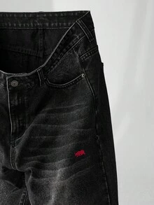 ESTAVOR 男士休闲日常水洗猫须斜口袋喇叭牛仔裤 - 黑色 - 查看 5