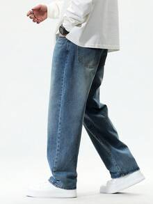 Manfinity Hypemode 寬鬆版型男士直筒牛仔褲 - 中等水洗藍 - 查看 6