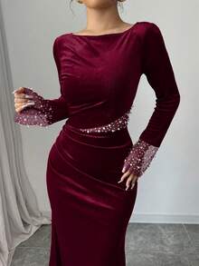 Elenzga 优雅浪漫天鹅绒长袖连衣裙，珍珠串珠，腰部褶皱，开衩，适合情人节、圣诞节、感恩节、派对、节日、冬季和秋季 - 酒紅色 - 查看 5