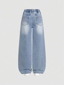 ChillGRL Jeans évasés ample pour jeune fille, nouvelle collection printemps/été, en denim bleu clair avec une ambiance décontractée, détail de broderie en forme de cœur pour une touche, taille élastique pour le confort. Convient pour le campus, la rue, les sorties, les activités de plein air et le port quotidien. Jeans baggy étoilé Y2K, jeans baggy Y2K - Jean bleu - Voir 3