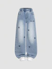 ChillGRL Jeans évasés ample pour jeune fille, nouvelle collection printemps/été, en denim bleu clair avec une ambiance décontractée, détail de broderie en forme de cœur pour une touche, taille élastique pour le confort. Convient pour le campus, la rue, les sorties, les activités de plein air et le port quotidien. Jeans baggy étoilé Y2K, jeans baggy Y2K - Jean bleu - Voir 11
