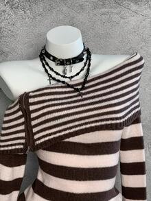 SHEIN Unity Streetwear Women's Colorblock Asymmetrical Shoulder Collar Zip-Up Fitted Long Sleeve Sweater Top - Multicolor - View 7