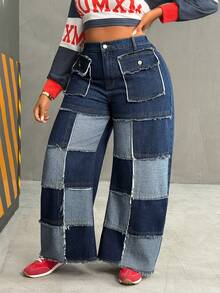 Slaydiva Quần jeans ống loe vá màu xanh không co giãn, phong cách cowgirl, cỡ lớn mùa đông cho nữ, mùa đông - Rửa tối - Xem 4