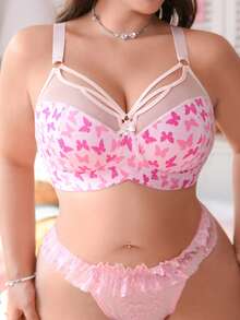 PetitDoll Große Größen Frauen Schmetterling Muster Kontrast Mesh Unterbügel-BH - Pink - Übersicht 1