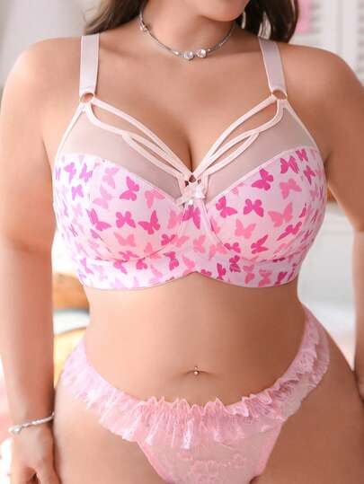 PetitDoll Plus Size Women Butterfly Print Contrast Mesh Underwire Bra