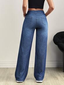Flexra 中腰深色猫须做旧水洗针织牛仔阔腿裤 - 深色水洗藍 - 查看 2