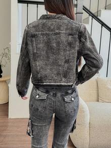 Rivivi 女式前扣口袋贴花休闲长袖牛仔夹克 - 黑色 - 查看 2