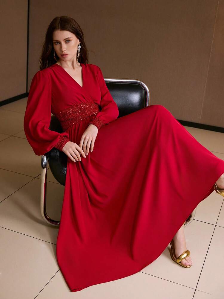 CONTRAST SEQUIN RUCHED V-NECK FITTED WAIST DRESS, AUTUMN/WINTER, CHRISTMAS DRESS, RED DRESS, NEW YEAR DRESS