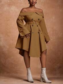 Slaydiva Robe asymétrique à épaules dénudées et double boutonnage pour femmes grandes tailles, couleur unie, robe kaki d'automne pour femmes, robe marron café, robe marron élégante pour femmes - Marron - Voir 13