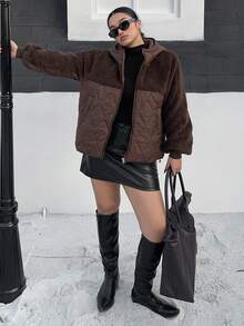 Dazy Plus Abrigo acolchado y forrado térmicamente con capucha y bloques de color, de estilo casual y fashionable, tallas grandes para mujer, otoño/invierno - Marrón - Ver 3