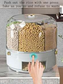 1pc 6-Compartment Rice Storage Container / Airtight Sealed Rotating Rice/Grain Bin For Home Use - Light Grey - View 2