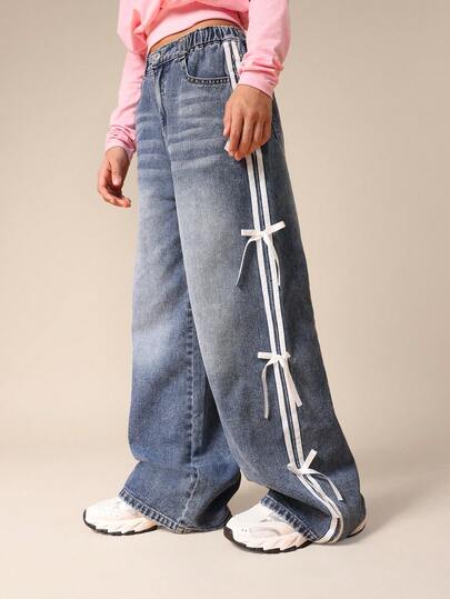 SUMWON 宽腿中号水洗牛仔裤，配侧边丝带系带细节，高腰休闲时尚裤