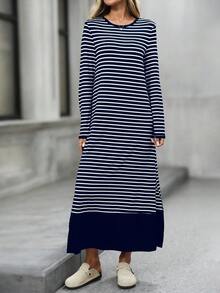 Đầm dài tay cổ tròn kẻ sọc Colorblock dành cho nữ - Màu xanh hải quân - Xem 6